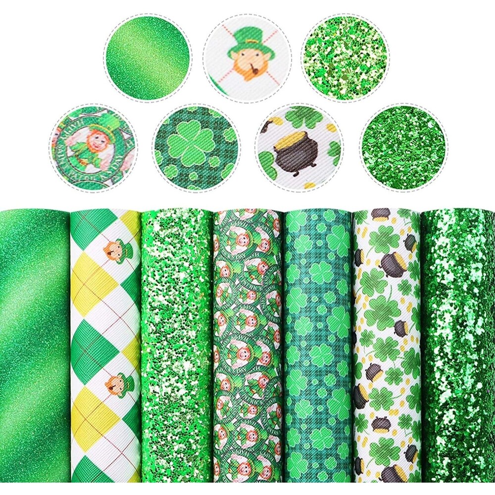 Set of 7 St Patrick's Day Faux Leather Sheets Multicolor Glitter Leather 8"x13"